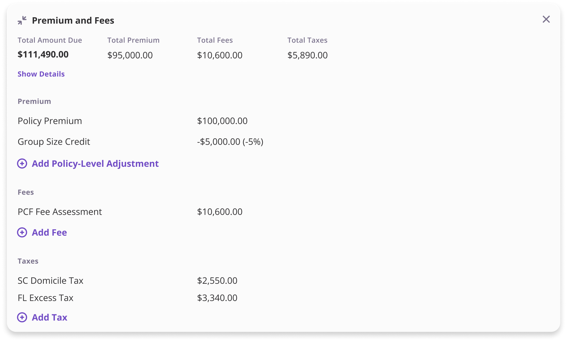 Rating engine screens